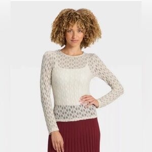 a new day Sheer Lace Knit Long-Sleeve Top in Ivory
